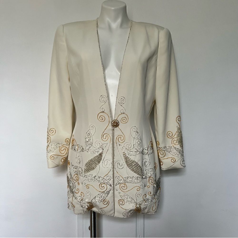 Vintage Nite Line Silver and Gold Beaded white Long Blazer 80s 90s